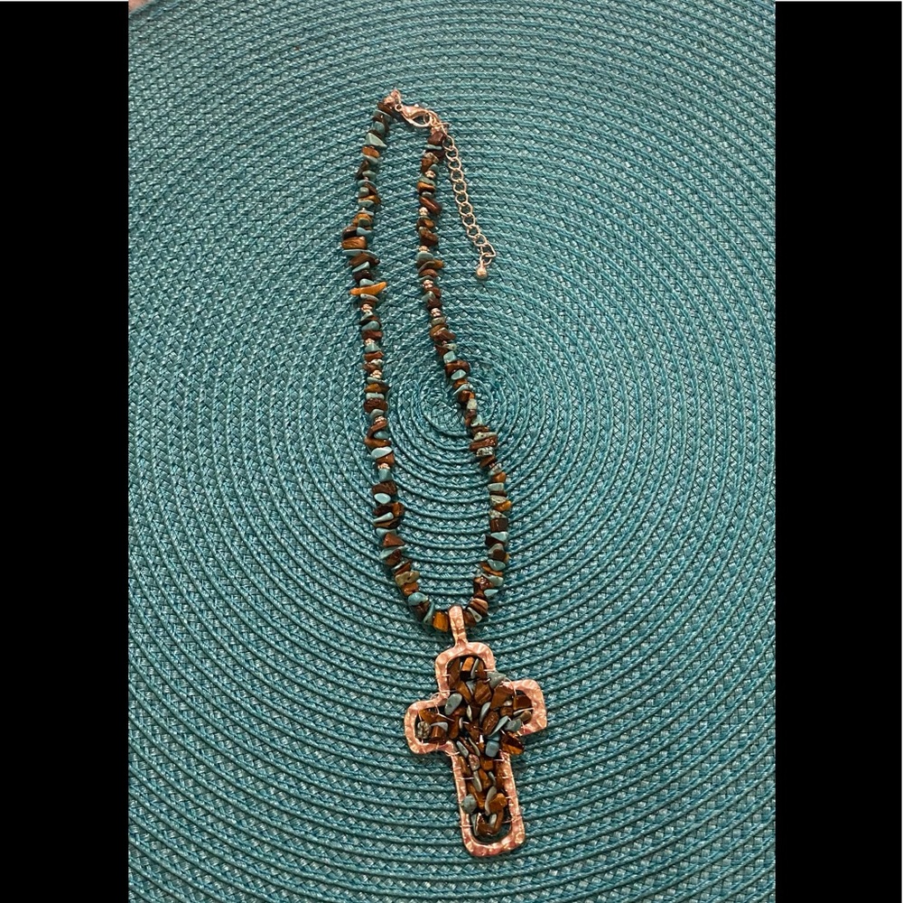 New Cross Necklace, Turquoise & Tiger’s Eye Stones & Silver Beads, 17 1/2” Long